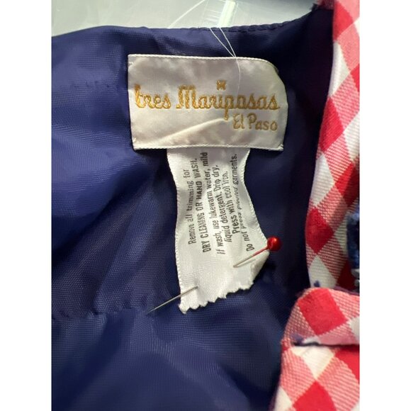 Vintage Handmade Tres Mariposas El Paso Blue Red Polka Dot Gingham Maxi Dress Sh - Picture 13 of 14